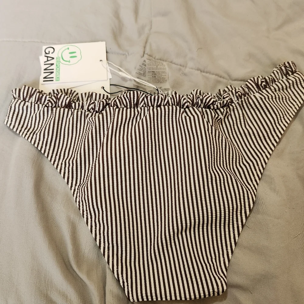 GANNI Striped Bikini Bottom Ruffle Top NWT Medium